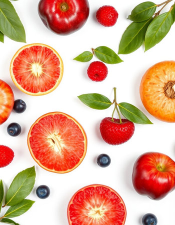 Fruits and berries isolated on white background. Flat lay, top view