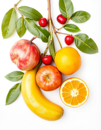 Fresh fruits isolated on white background. Healthy food concept. Top view.の写真素材