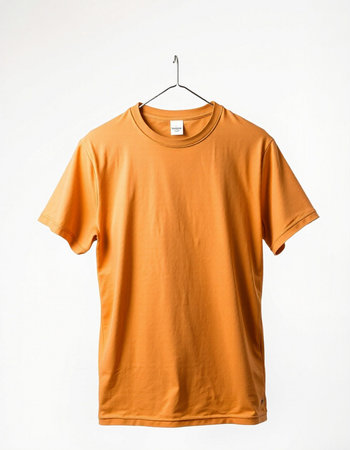 Orange t-shirt on a hanger on a white background.の写真素材