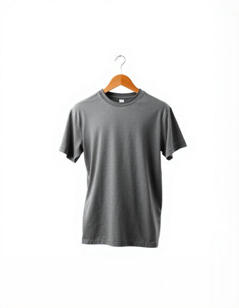 Grey t-shirt on wooden hanger isolated on white background.の写真素材