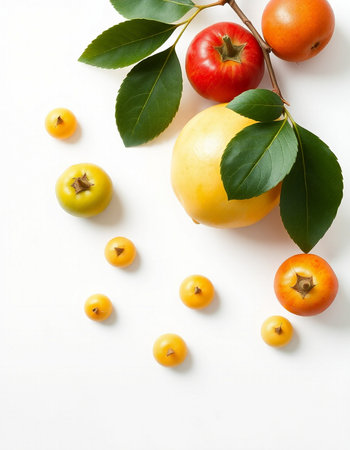 Ripe fruits on a white background. Flat lay, top viewの写真素材