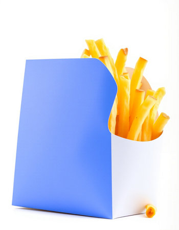 French fries in a paper box isolated on white background. Selective focus.の写真素材