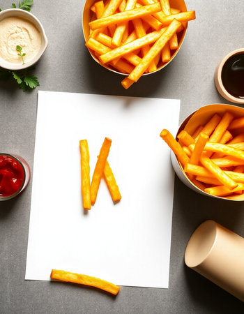 French fries with ketchup and mayonnaise on grey table, top viewの写真素材