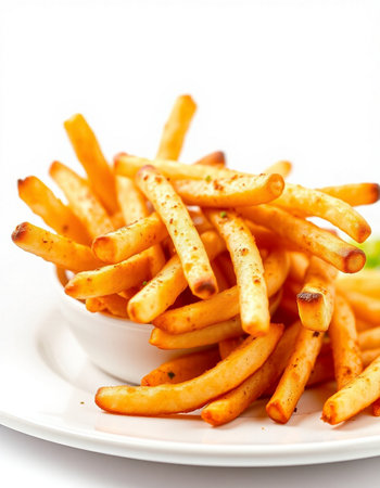 French fries on a white plate. Shallow depth of field.