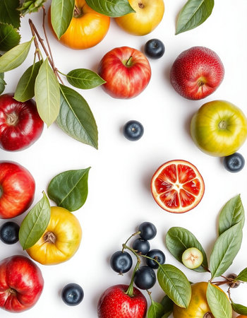 Flat lay composition with fresh fruits and berries on white background. Top view.の写真素材