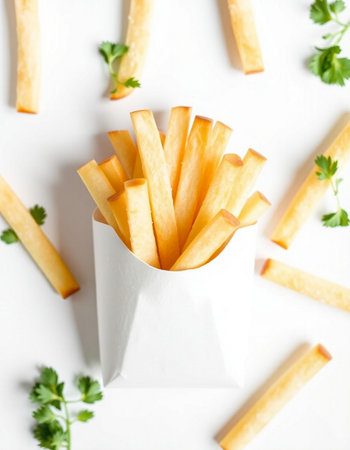 French fries in paper box and parsley on white background, top viewの写真素材
