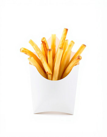 French fries in a paper box on a white background. Isolated