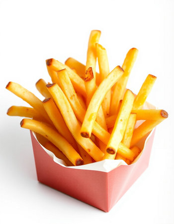 French fries in a paper box isolated on white background. Selective focus.の写真素材