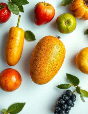 Variety of fruits on white background. Flat lay, top viewの写真素材