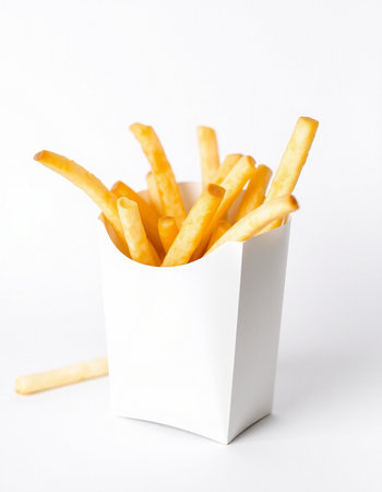 French fries in a white box on a white background. Selective focus.