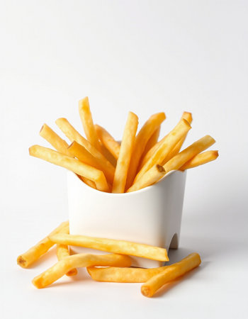 French fries in a white box on a white background, close-up