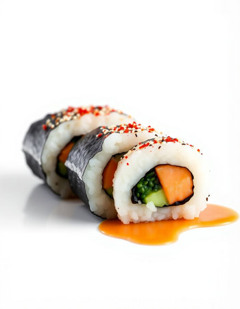 Sushi roll with salmon and cucumber on a white background.の写真素材