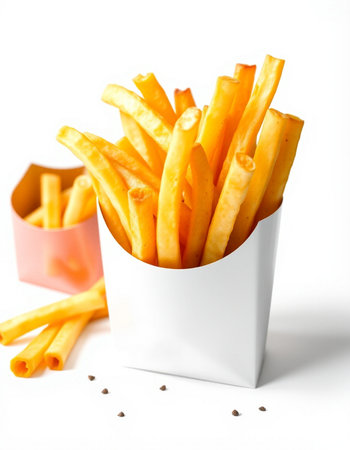 French fries in a paper box on a white background close-up