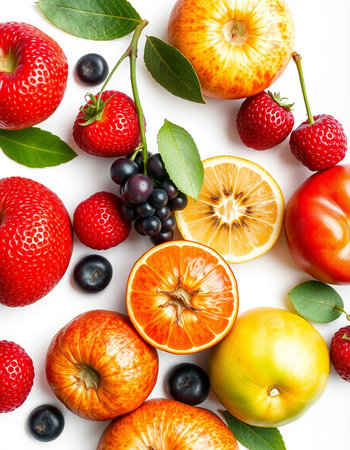 Fresh fruits and berries on white background. Flat lay, top viewの写真素材