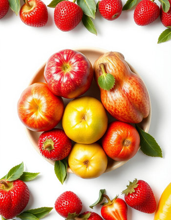 Composition with fresh fruits and vegetables on white background, top viewの写真素材