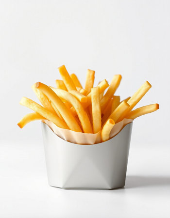 French fries in a paper cup on a white background. Fast food.の写真素材