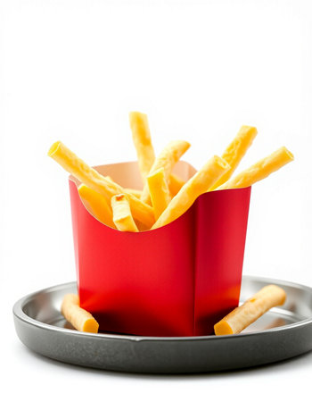 French fries in a red box on a white background. Fast food.