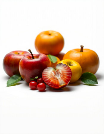 Ripe applescots and cherries on a white backgroundの写真素材