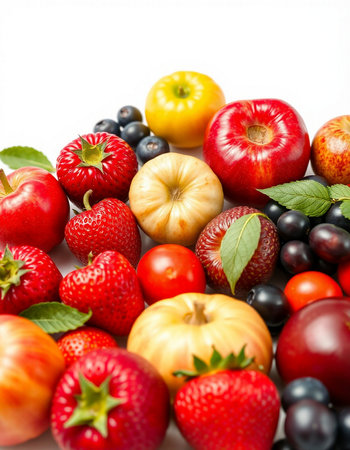 Fresh fruits and vegetables on a white background. Healthy food concept.