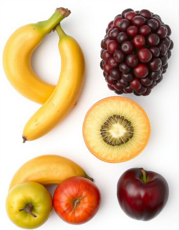Fruits isolated on a white background. Top view. Flat lay.の写真素材