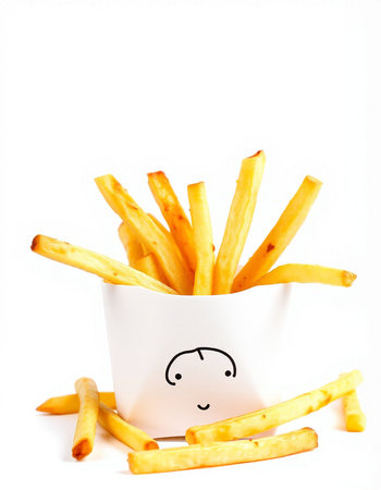 french fries with a smiley face isolated on a white backgroundの写真素材