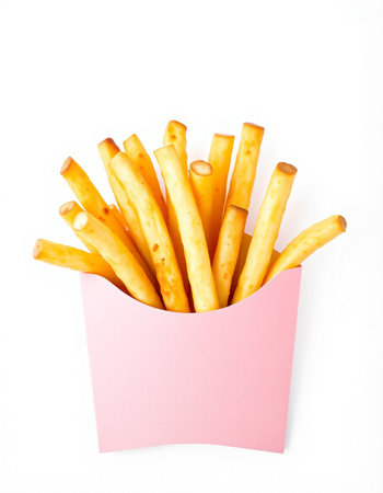 Crispy bread sticks in pink box isolated on white background.の写真素材