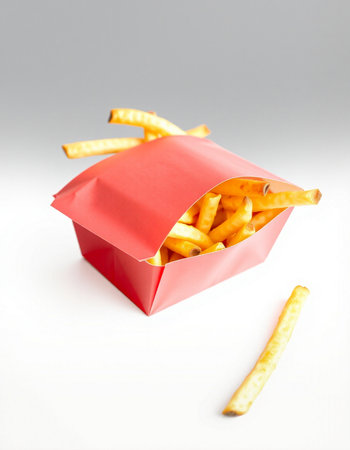French fries in a red box on a white background, fast foodの写真素材