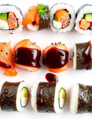 Japanese food. Sushi set isolated on white background. Top view.の写真素材