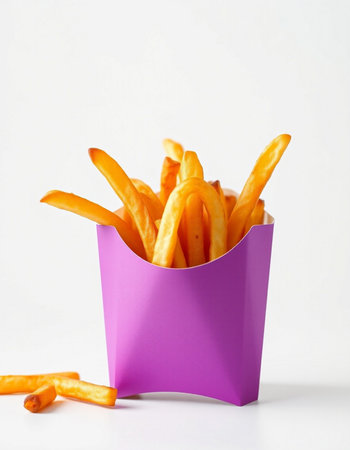 French fries in a purple box on a white background. Fast food.の写真素材