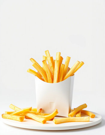 French fries in paper box on white background. Fast food concept.の写真素材