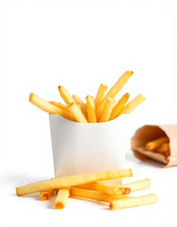 French fries in paper box isolated on white background. Fast food.