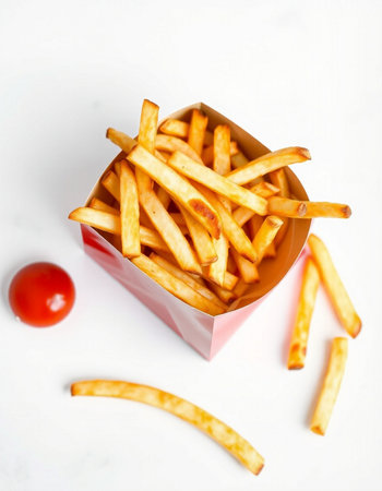French fries in a box on a white background. Selective focus.の写真素材