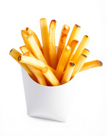 French fries in a white box isolated on white background. Close up.