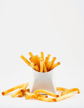 French fries in a white box on a white background. Selective focus.