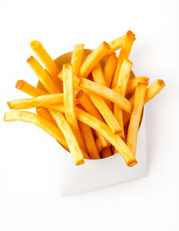 French fries in white box isolated on white background. Selective focus.