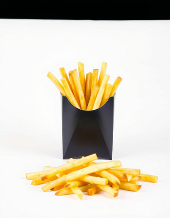 French fries in a black box on a white background. Selective focus.の写真素材