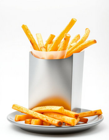 French fries in a paper box on a white background. Fast food.