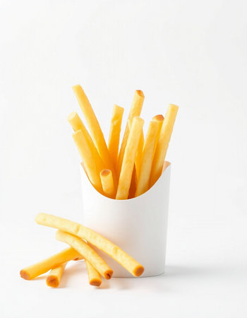 French fries in a white paper cup on a white background. Fast food.