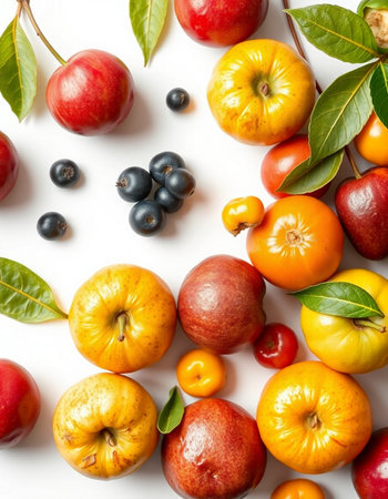 Colorful autumn fruits on white background. Flat lay, top viewの写真素材