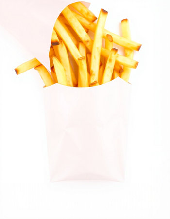 French fries in white paper bag isolated on white background. Top view.の写真素材