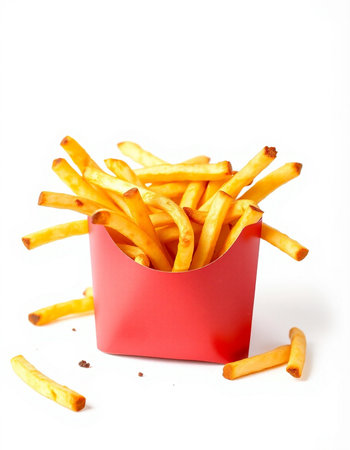 French fries in a red box on a white background. Isolated