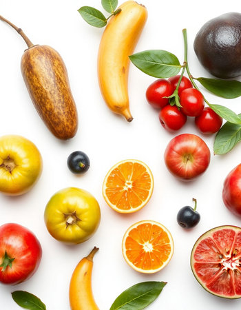 Fresh fruits and vegetables isolated on white background. Flat lay, top viewの写真素材