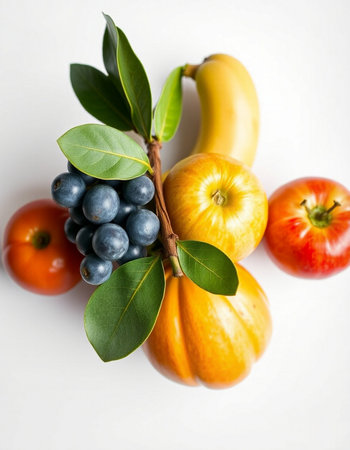 Fresh fruits on white background. Healthy eating concept. Top view.の写真素材