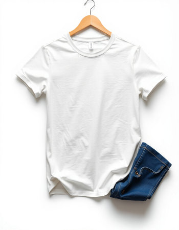 White t-shirt and jeans on hanger isolated on white backgroundの写真素材