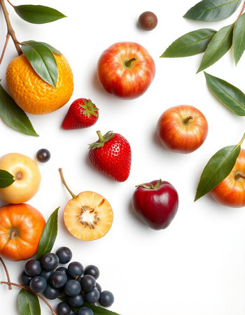 Fruits and berries on white background. Flat lay, top viewの写真素材