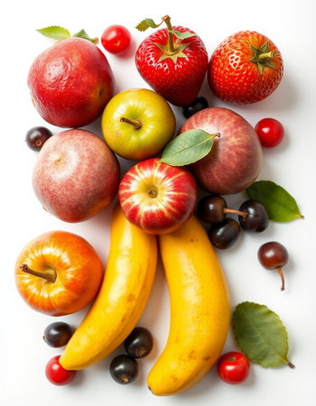 Fruits on a white background. Healthy eating concept. Top view.の写真素材