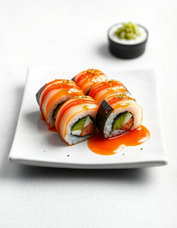 Sushi roll with salmon, avocado, cucumber, nori and cream cheeseの写真素材