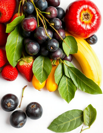 Fruits and berries isolated on white background. Healthy food concept.
