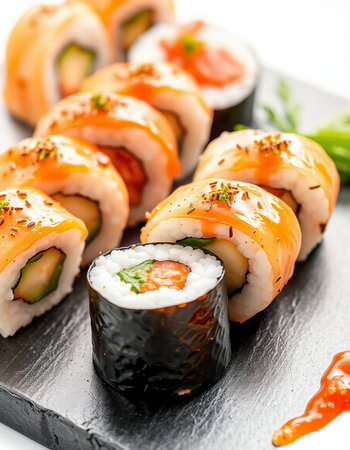 Sushi Set - Sushi Roll with Salmon, Cucumber, Cream Cheese and Raw Salmon insideの写真素材