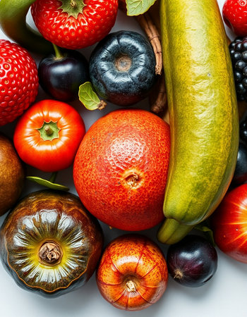 Assorted fresh fruits and vegetables. Healthy food background. Top view.の写真素材